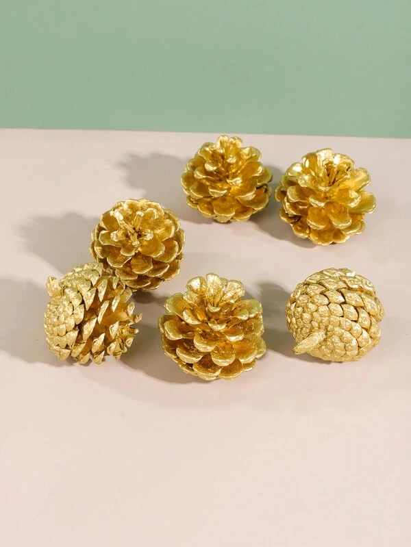 6pcs Gold Pine Cone Decorative Ornament Gold