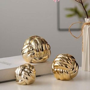 1pc Wire Ball Shaped Ceramic Ornament Creative Luxury Style Electroplated Craft Suitable For Desktop, Office, Home Decoration Gold