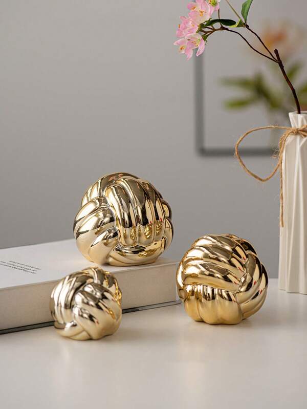 1pc Wire Ball Shaped Ceramic Ornament Creative Luxury Style Electroplated Craft Suitable For Desktop, Office, Home Decoration Gold