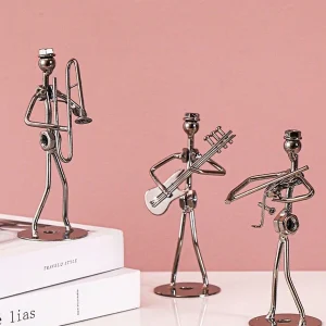 1pc Creative Metal Figurine Playing Musical Instrument Vintage Band Model Desktop Decor For Living Room, Personality Home Decoration & Candlelight Dinner Decoration Silver