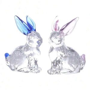 2 Pcs Crystal Easter Bunny Figurines, Clear Crystal Rabbit Statue Ornaments, Sparkling Crystal Animal Paperweights, Stunning Centerpieces For Home Decor (Pink+Blue) Multicolor