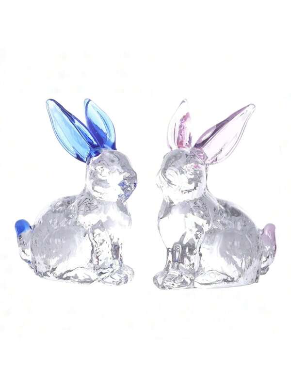 2 Pcs Crystal Easter Bunny Figurines, Clear Crystal Rabbit Statue Ornaments, Sparkling Crystal Animal Paperweights, Stunning Centerpieces For Home Decor (Pink+Blue) Multicolor