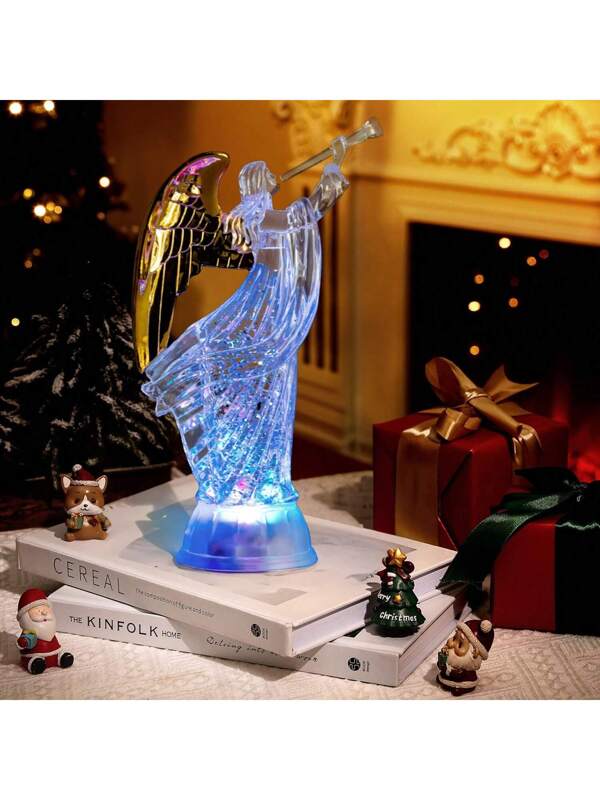 Rotating Glitter Angel Statue, Golden Angel Wings Playing Flute, Christmas Decoration Home D??cor White