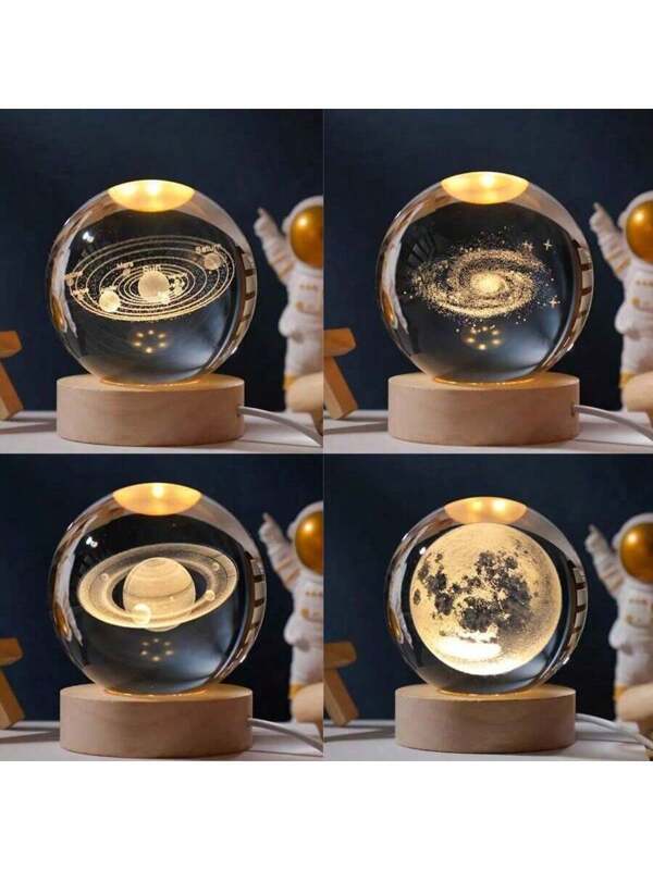 1pc 3D Patterned Crystal Ball Night Light With Solar System Saturn Moon Galaxy Designs,USB Powered Wooden LED Luminous Base, Home Decor And Room Decor Night,Suitable For Holiday Decoration, Display Cabinets, Study Desks,Back To School Or Birthday Gift For Friendsbaby Shower Family Decorations Gifts Transparent