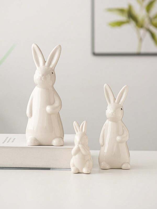 1pc White Rabbit Shaped Easter Ceramic Ornament, Suitable For Home Decoration, Office Desk, Bookshelf, TV Stand, Multiple Sizes Available White