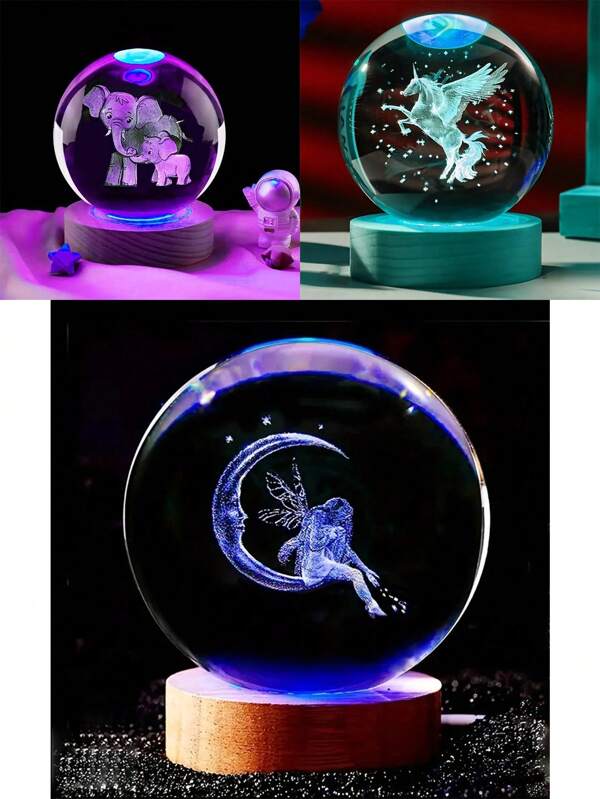 1 Unicorn, Elephant, Fairy Dream Theme 3D Laser Engraved Crystal Ball, With Wooden Colored Lamp Holder, Home Decoration, Girlfriend, Colleagues, Wife's Birthday, Valentine's Day Gifts, Night Lights, Glass Balls Multicolor