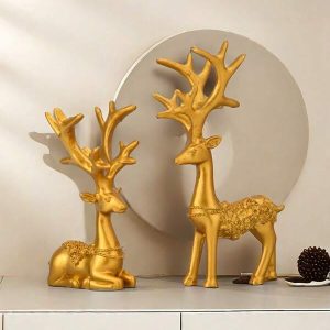 Gold Decor Set Of 2 Resin Lucky Deer Sculpture Modern Home Decor, Reindeer Decoration Indoor Living Room, Bedroom Office And Shelf, Perfect Christmas Gift For Mom Wife Sister (Gold) Multicolor