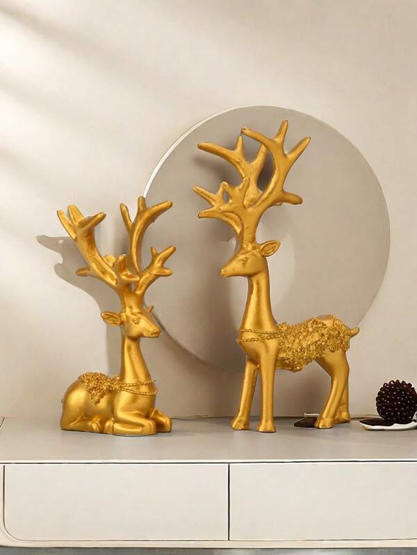 Gold Decor Set Of 2 Resin Lucky Deer Sculpture Modern Home Decor, Reindeer Decoration Indoor Living Room, Bedroom Office And Shelf, Perfect Christmas Gift For Mom Wife Sister (Gold) Multicolor