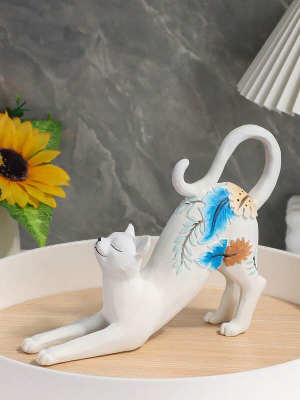 1pc Realistic Resin White Cat Model, Stretching Pose, Creates A Refreshing & Relaxing Atmosphere, Suitable For Home Interior, Bedroom Decor Or Outdoor Garden Decoration, Christmas Decorations Multicolor