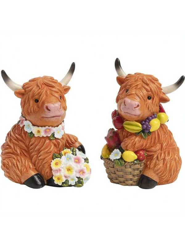 2-Piece Autumn Highland Cow Statue Decoration, Resin Highland Cow Thanksgiving Gift, Scottish Home Kitchen Dining Table Layered Tray Statue Decoration Orange2